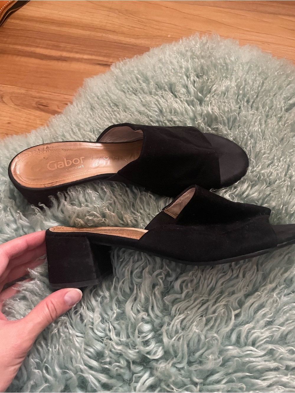 Gabor Black Suede Open-Toe Block Heel Mules